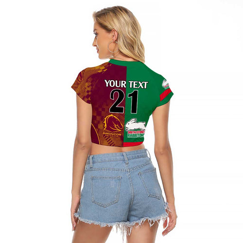 Custom NRL Rabbitohs and Broncos Raglan Cropped T Shirt Sporty Style