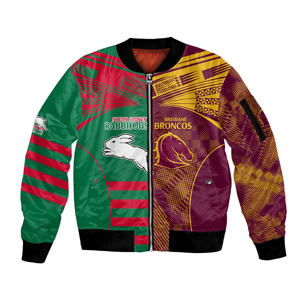 Custom NRL Rabbitohs and Broncos Sleeve Zip Bomber Jacket Sporty Style