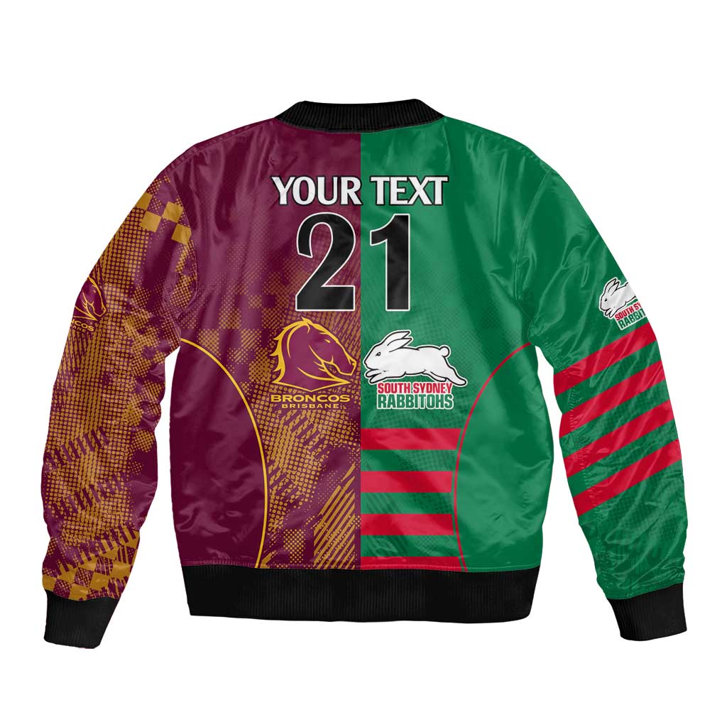 Custom NRL Rabbitohs and Broncos Sleeve Zip Bomber Jacket Sporty Style