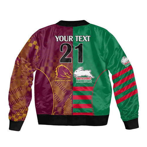 Custom NRL Rabbitohs and Broncos Sleeve Zip Bomber Jacket Sporty Style