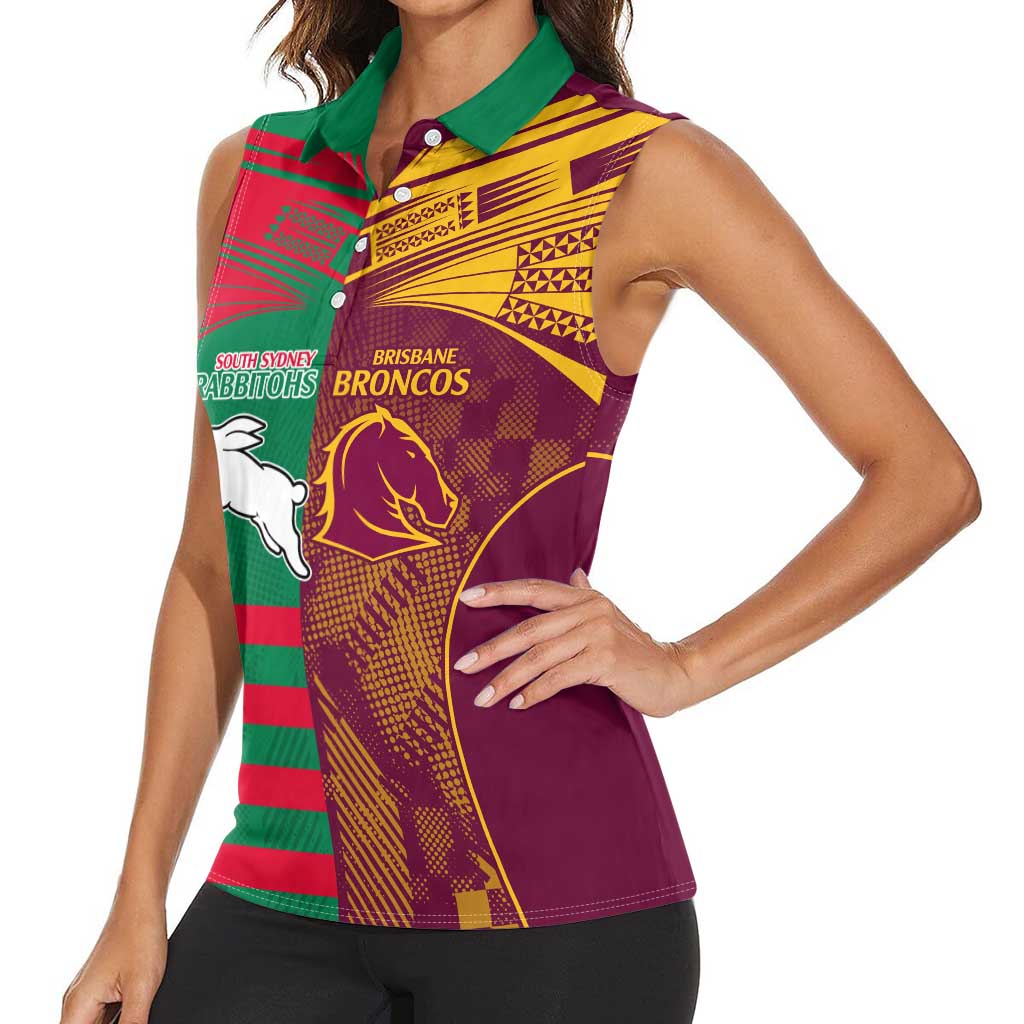 Custom NRL Rabbitohs and Broncos Women Sleeveless Polo Shirt Sporty Style