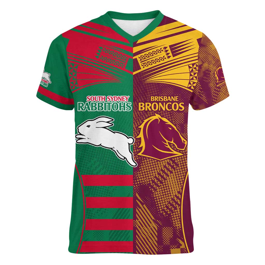 Custom NRL Rabbitohs and Broncos Women V-Neck T-Shirt Sporty Style