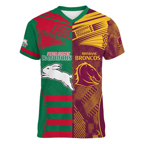 Custom NRL Rabbitohs and Broncos Women V-Neck T-Shirt Sporty Style