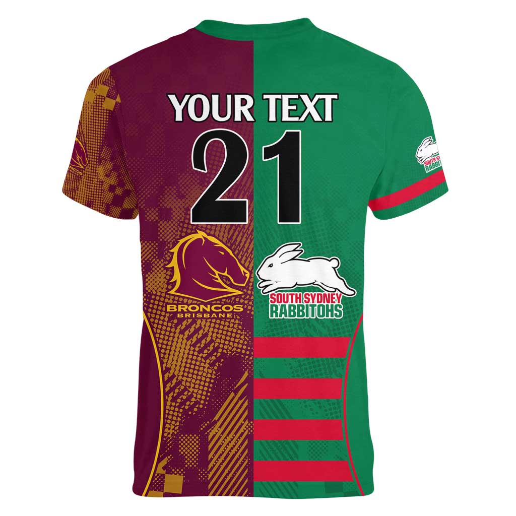 Custom NRL Rabbitohs and Broncos Women V-Neck T-Shirt Sporty Style