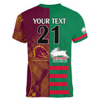 Custom NRL Rabbitohs and Broncos Women V-Neck T-Shirt Sporty Style