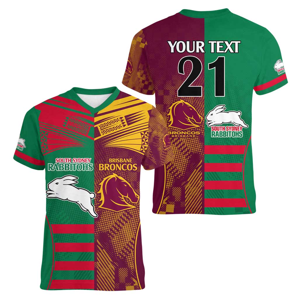 Custom NRL Rabbitohs and Broncos Women V-Neck T-Shirt Sporty Style