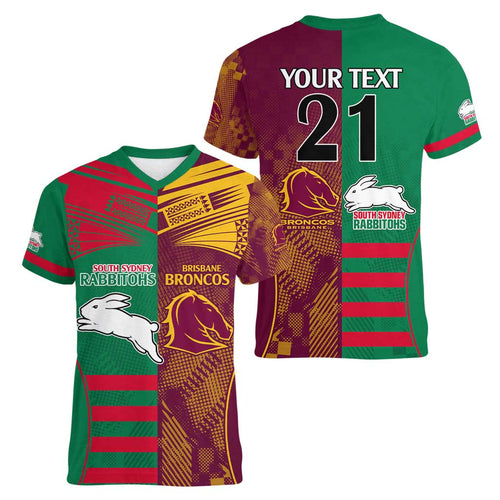Custom NRL Rabbitohs and Broncos Women V-Neck T-Shirt Sporty Style