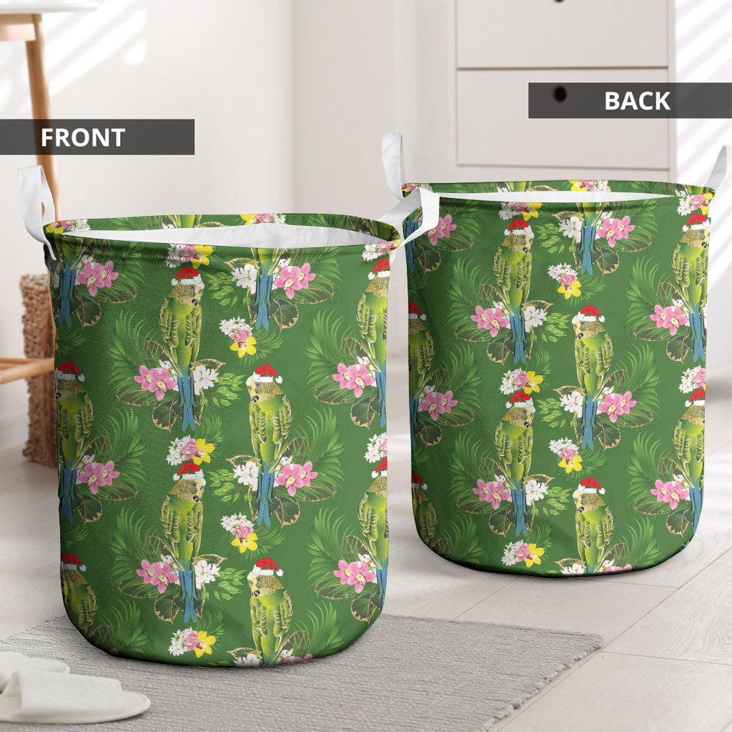 Aussie Santa Budgie Christmas Laundry Basket Green Parakeet Tropical Floral
