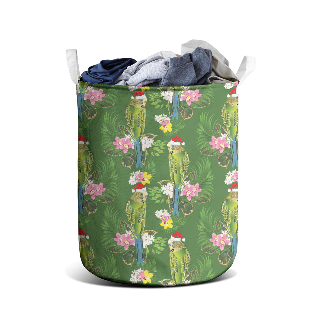 Aussie Santa Budgie Christmas Laundry Basket Green Parakeet Tropical Floral