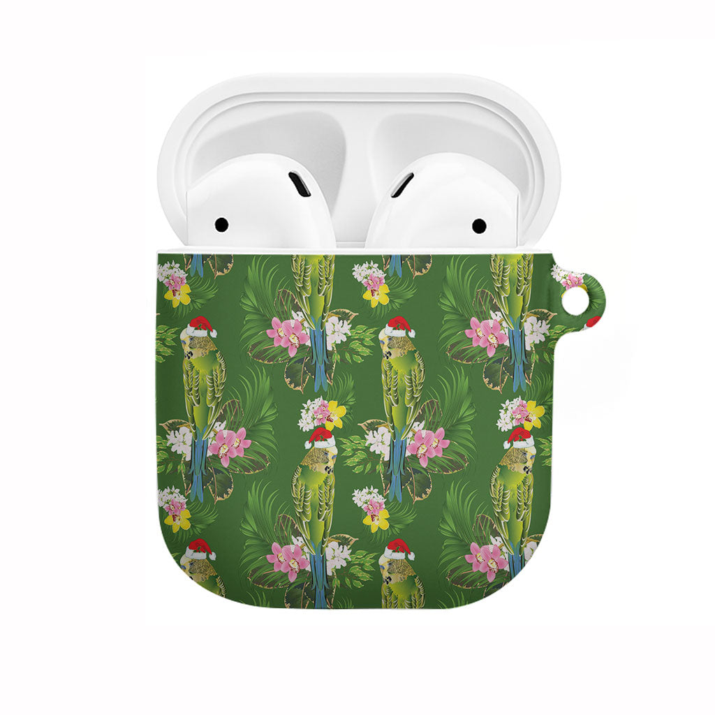Aussie Santa Budgie Christmas AirPods Case Green Parakeet Tropical Floral