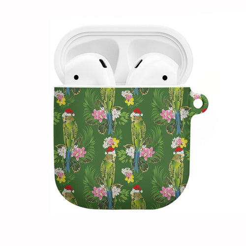 Aussie Santa Budgie Christmas AirPods Case Green Parakeet Tropical Floral