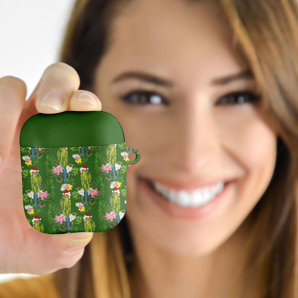 Aussie Santa Budgie Christmas AirPods Case Green Parakeet Tropical Floral