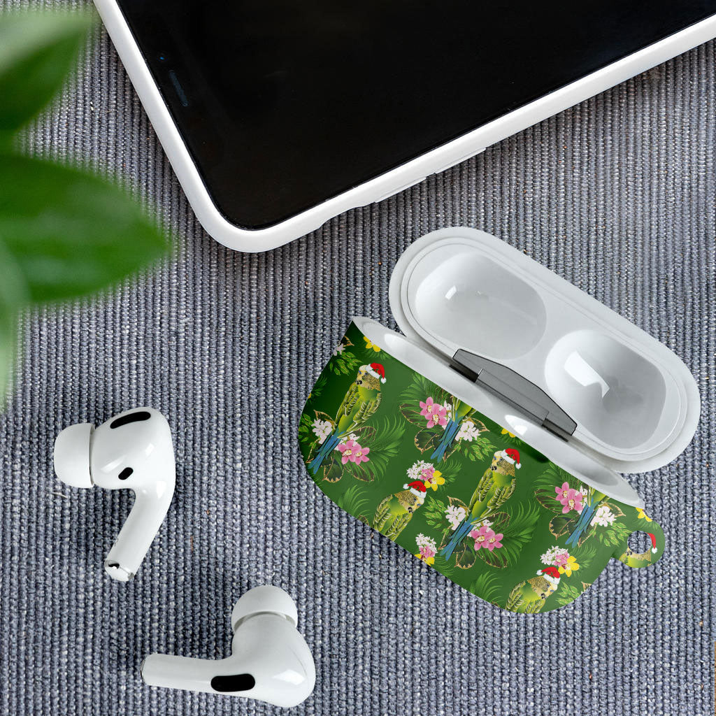 Aussie Santa Budgie Christmas AirPods Case Green Parakeet Tropical Floral