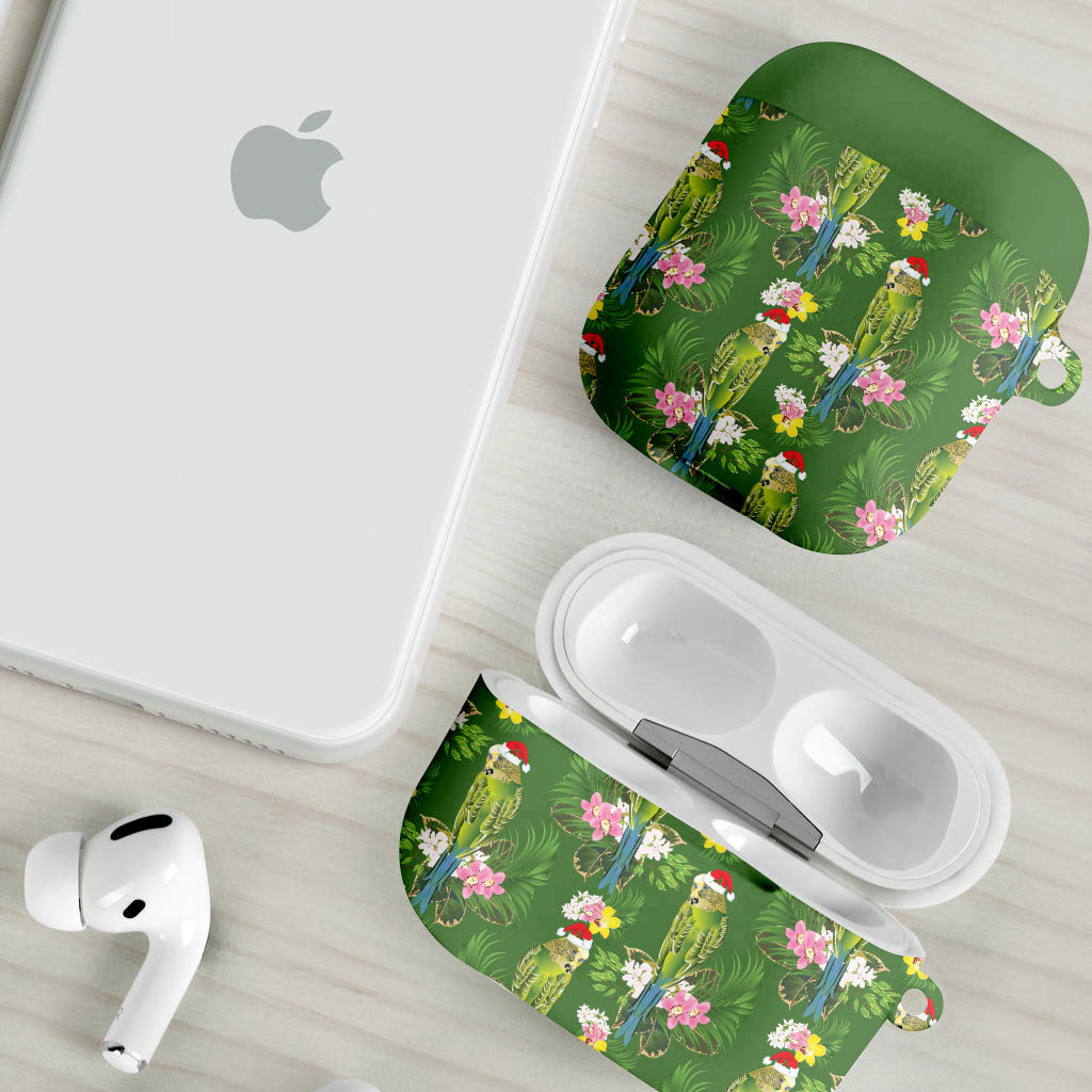 Aussie Santa Budgie Christmas AirPods Case Green Parakeet Tropical Floral