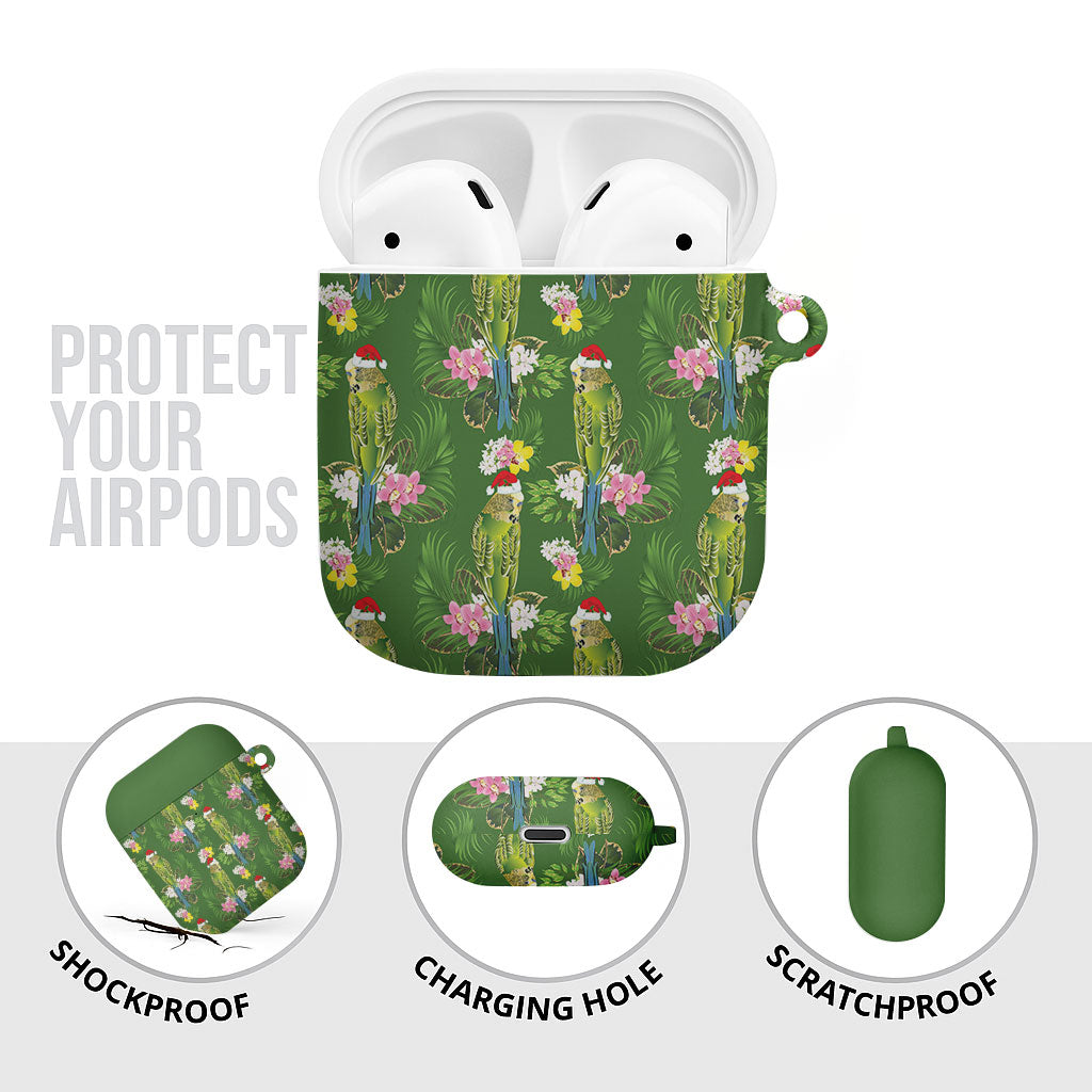 Aussie Santa Budgie Christmas AirPods Case Green Parakeet Tropical Floral