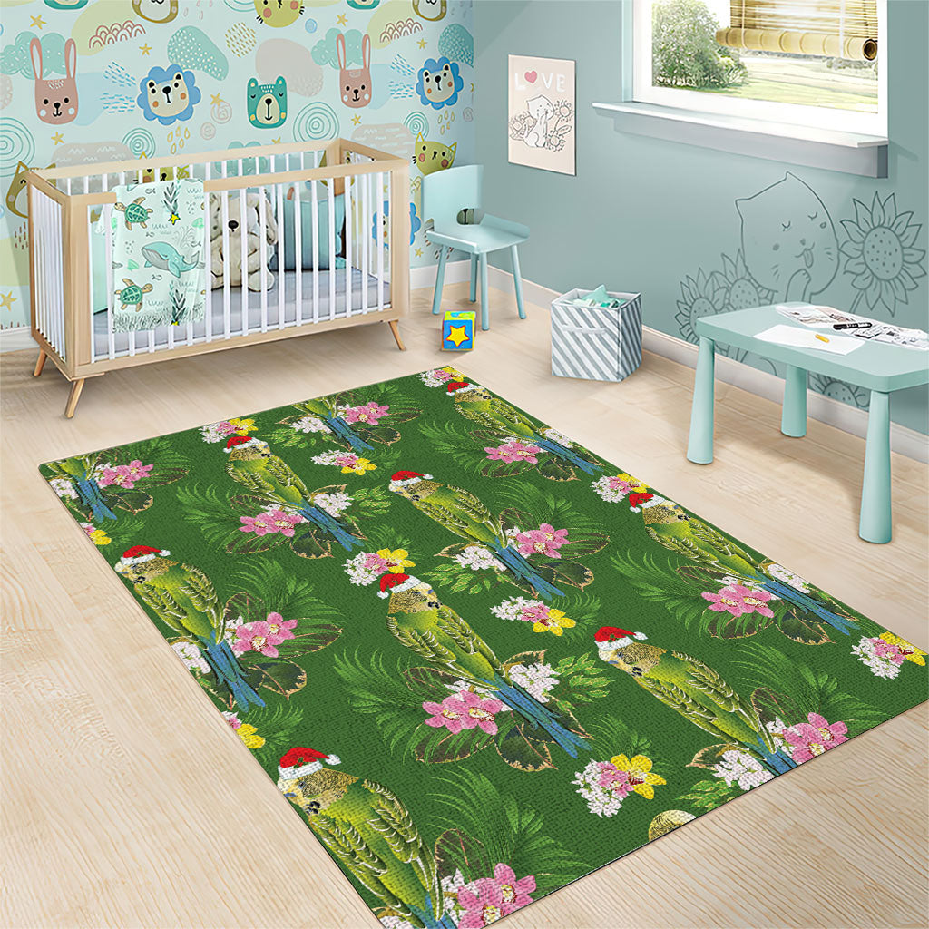 Aussie Santa Budgie Christmas Area Rug Green Parakeet Tropical Floral