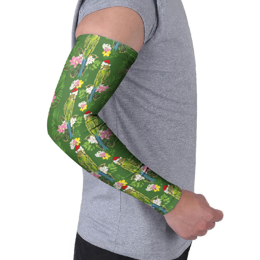 Aussie Santa Budgie Christmas Arm Sleeves Green Parakeet Tropical Floral