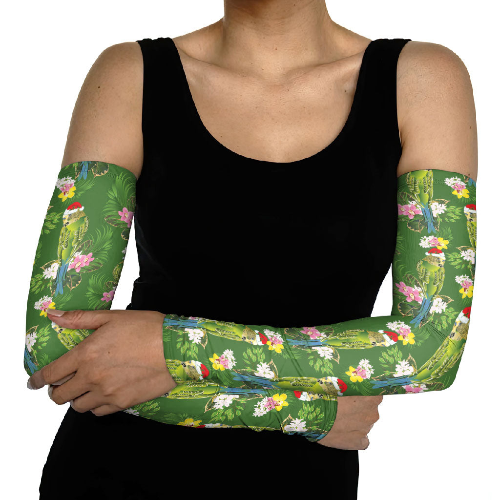 Aussie Santa Budgie Christmas Arm Sleeves Green Parakeet Tropical Floral