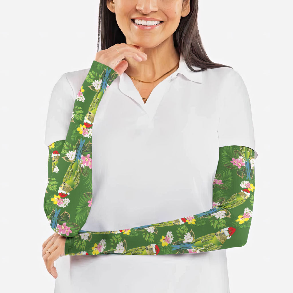 Aussie Santa Budgie Christmas Arm Sleeves Green Parakeet Tropical Floral