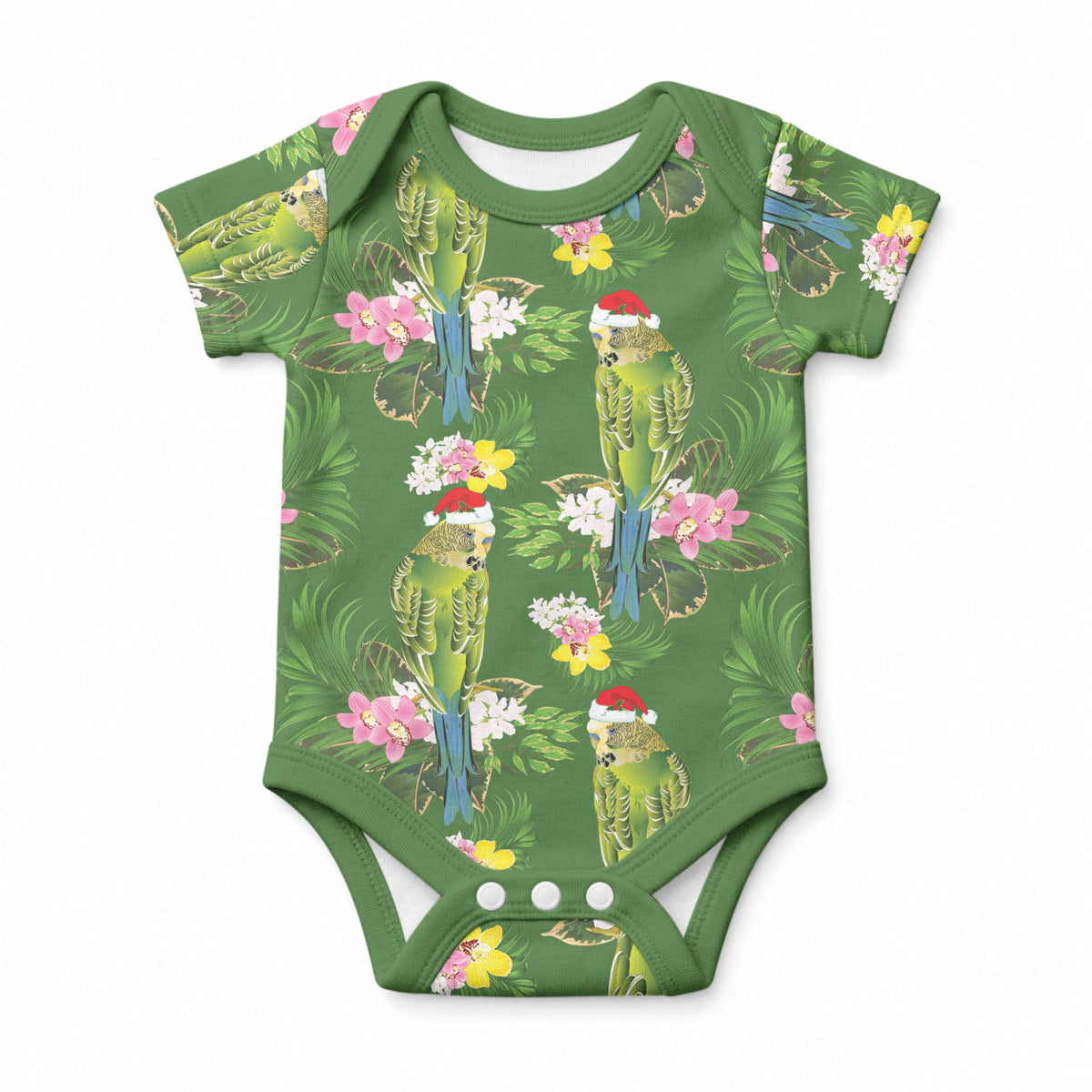 Aussie Santa Budgie Christmas Baby Onesie Green Parakeet Tropical Floral
