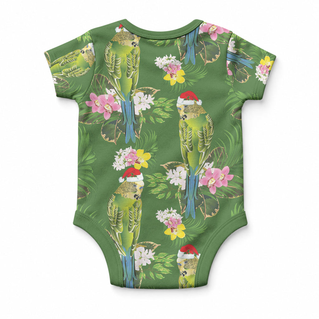 Aussie Santa Budgie Christmas Baby Onesie Green Parakeet Tropical Floral