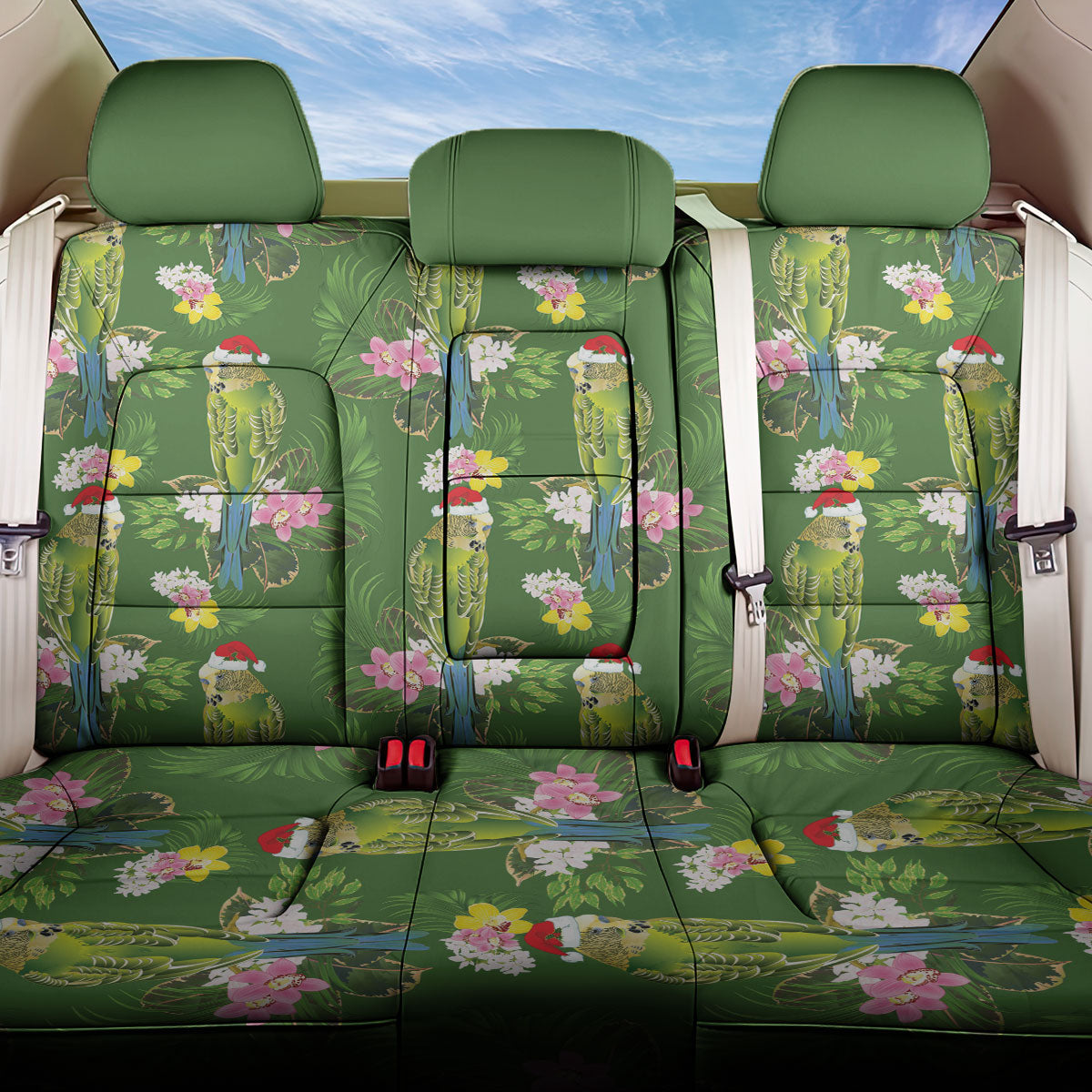 Aussie Santa Budgie Christmas Back Car Seat Cover Green Parakeet Tropical Floral