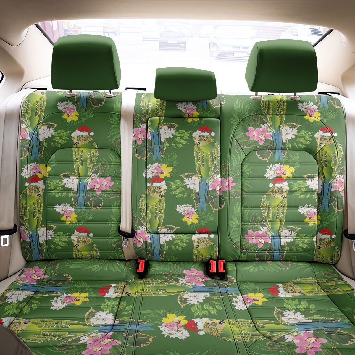 Aussie Santa Budgie Christmas Back Car Seat Cover Green Parakeet Tropical Floral