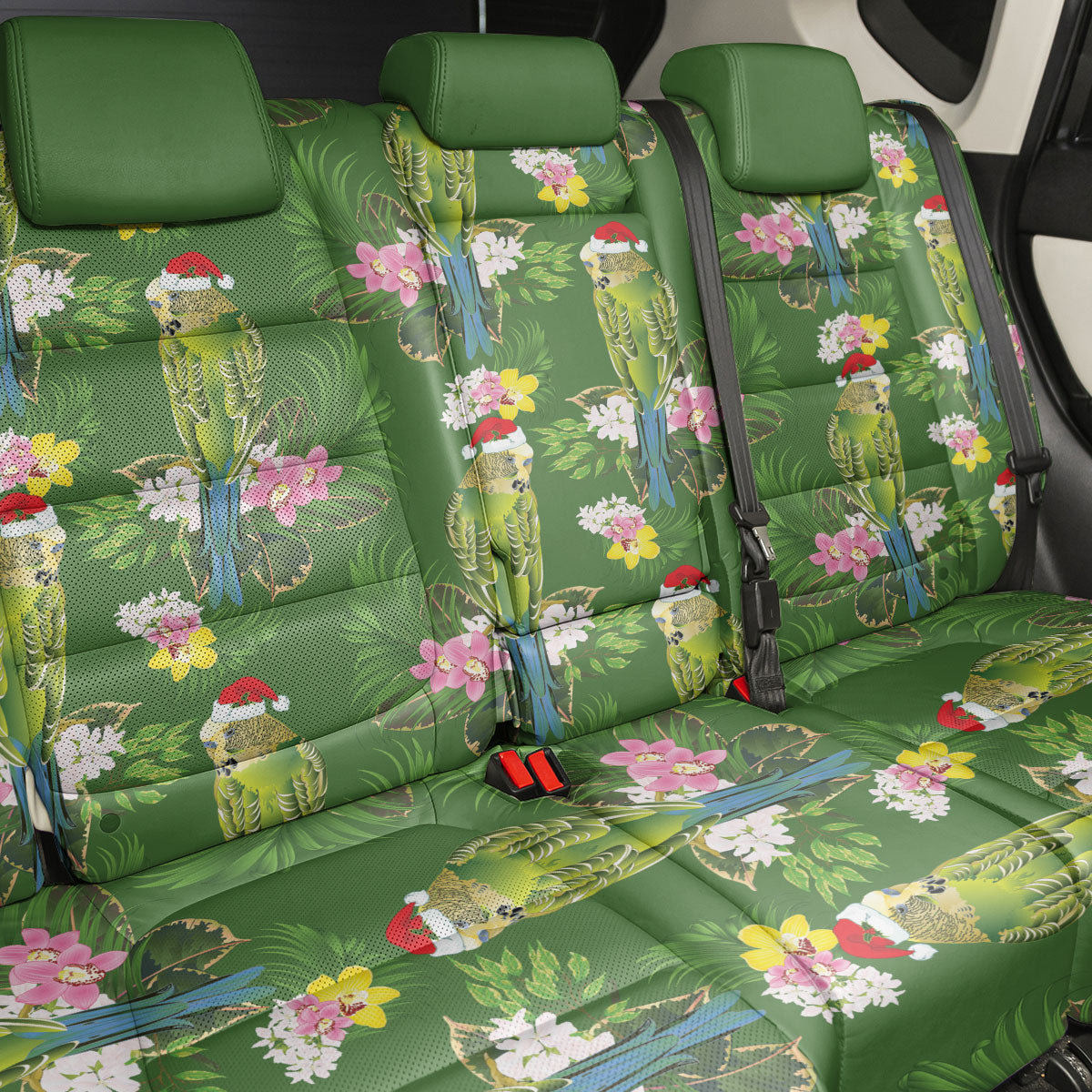 Aussie Santa Budgie Christmas Back Car Seat Cover Green Parakeet Tropical Floral