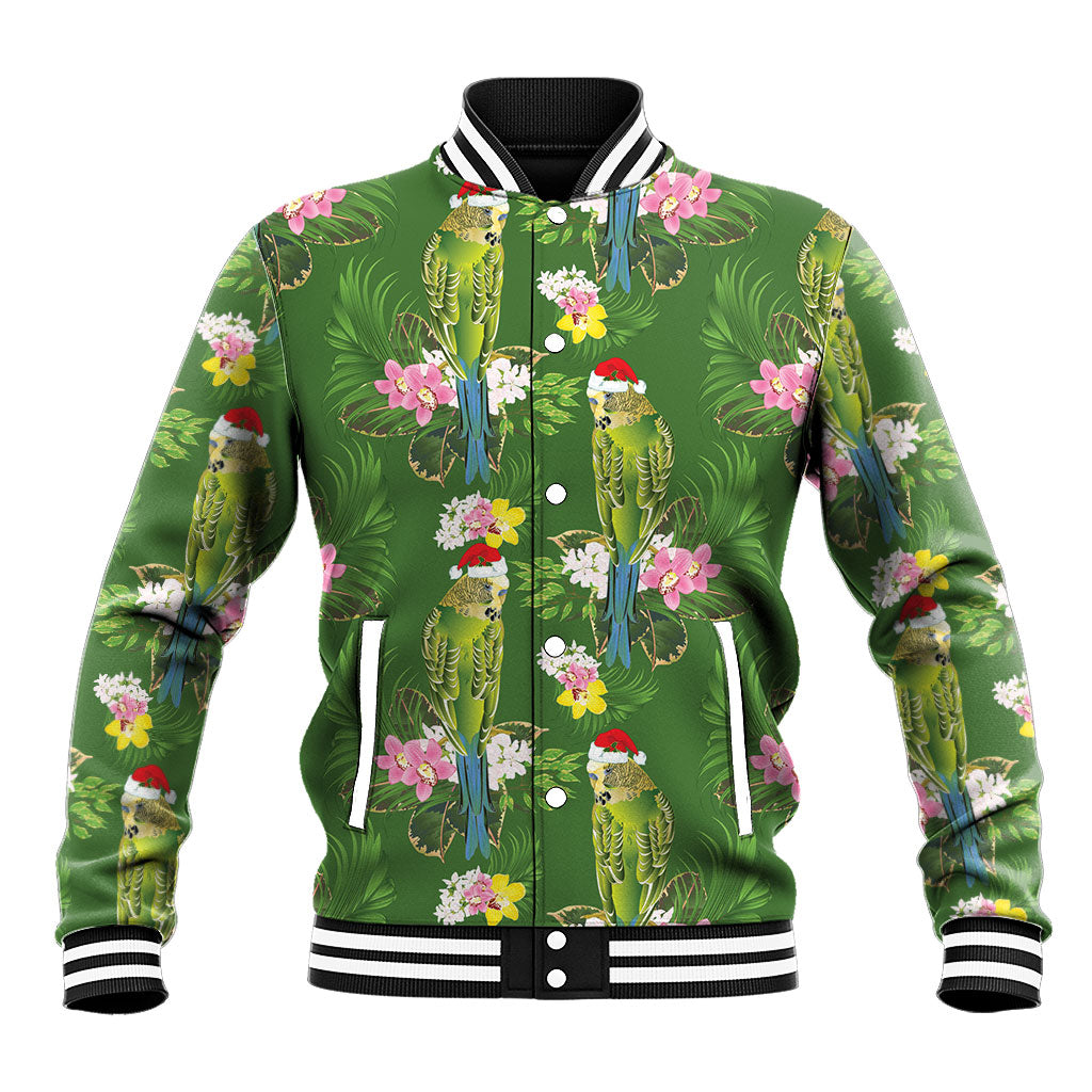 Aussie Santa Budgie Christmas Baseball Jacket Green Parakeet Tropical Floral