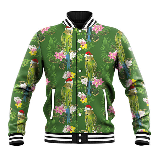 Aussie Santa Budgie Christmas Baseball Jacket Green Parakeet Tropical Floral
