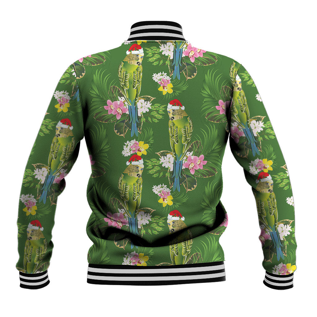 Aussie Santa Budgie Christmas Baseball Jacket Green Parakeet Tropical Floral