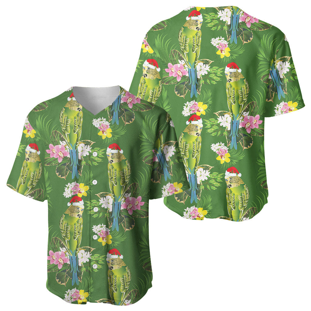Aussie Santa Budgie Christmas Baseball Jersey Green Parakeet Tropical Floral