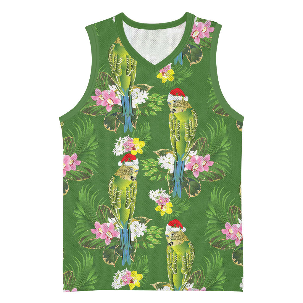 Aussie Santa Budgie Christmas Basketball Jersey Green Parakeet Tropical Floral