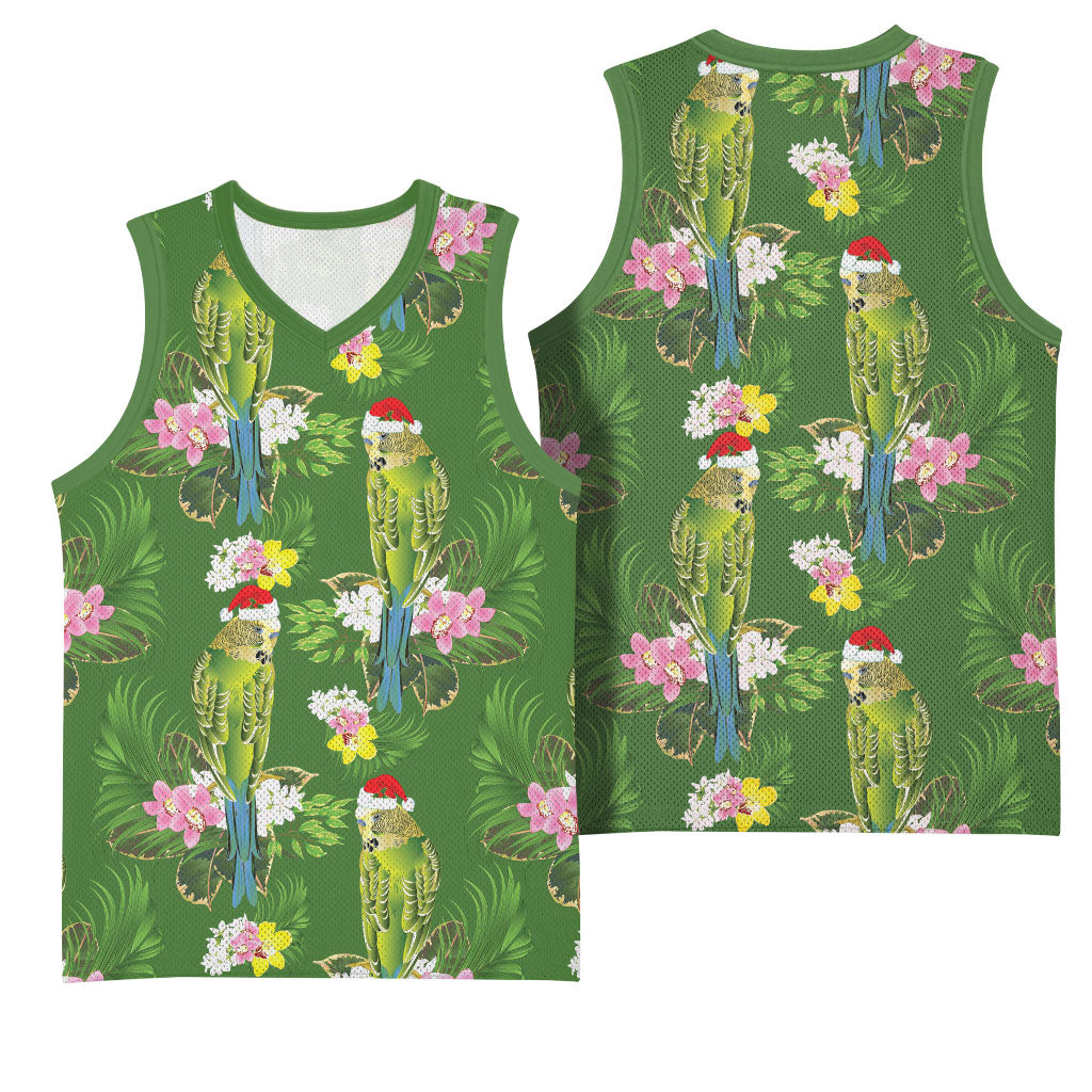 Aussie Santa Budgie Christmas Basketball Jersey Green Parakeet Tropical Floral