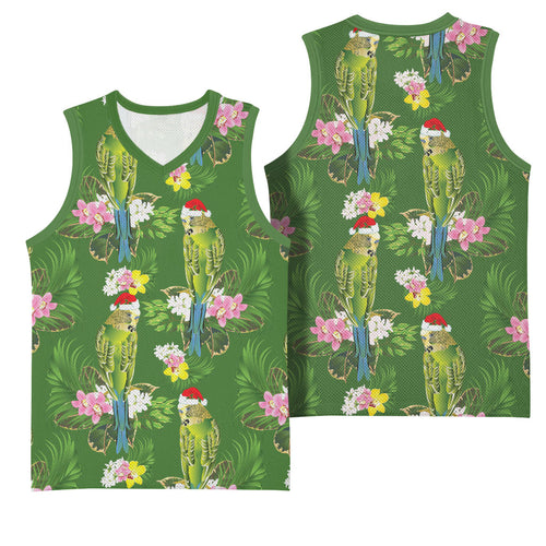 Aussie Santa Budgie Christmas Basketball Jersey Green Parakeet Tropical Floral