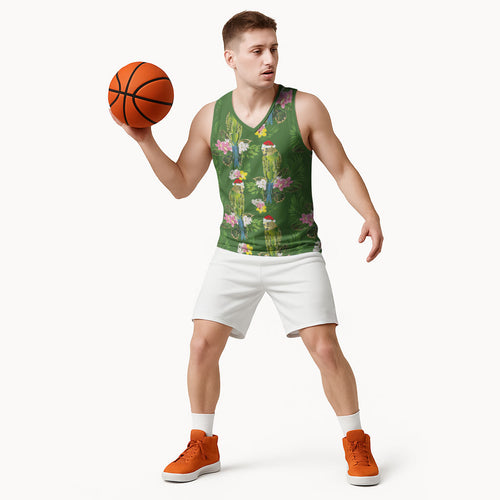 Aussie Santa Budgie Christmas Basketball Jersey Green Parakeet Tropical Floral