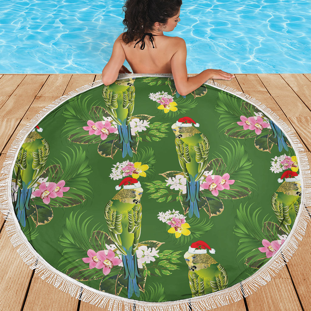Aussie Santa Budgie Christmas Beach Blanket Green Parakeet Tropical Floral