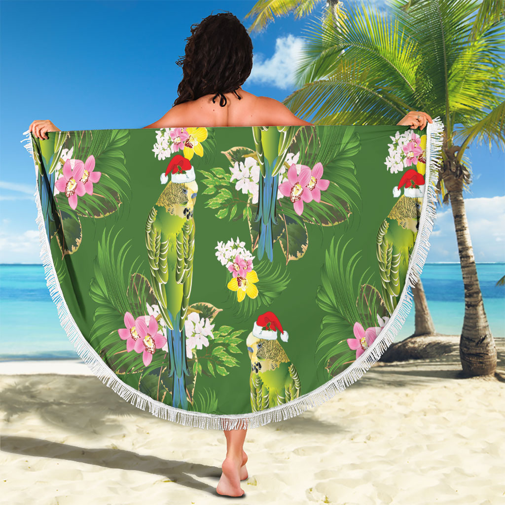 Aussie Santa Budgie Christmas Beach Blanket Green Parakeet Tropical Floral