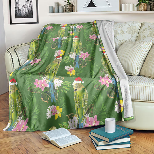 Aussie Santa Budgie Christmas Blanket Green Parakeet Tropical Floral
