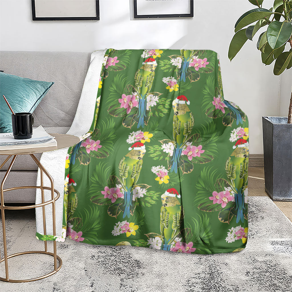 Aussie Santa Budgie Christmas Blanket Green Parakeet Tropical Floral