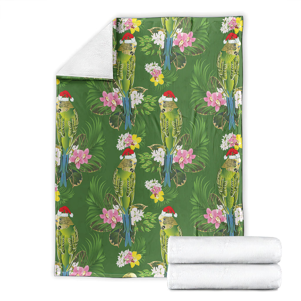 Aussie Santa Budgie Christmas Blanket Green Parakeet Tropical Floral