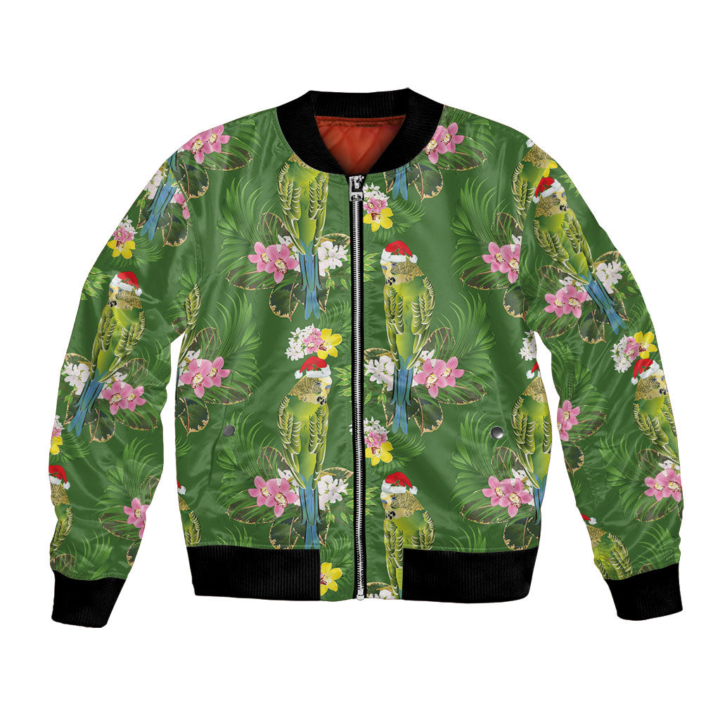 Aussie Santa Budgie Christmas Bomber Jacket Green Parakeet Tropical Floral