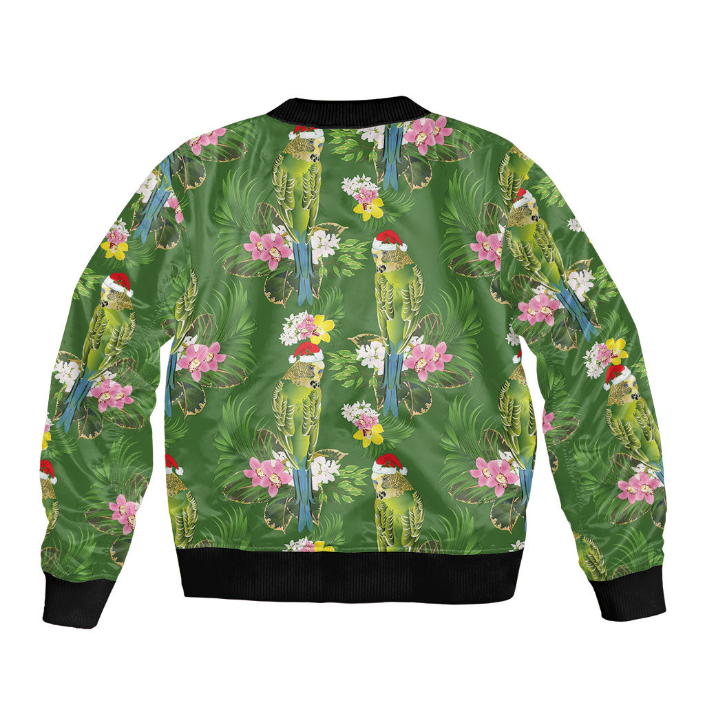 Aussie Santa Budgie Christmas Bomber Jacket Green Parakeet Tropical Floral