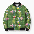 Aussie Santa Budgie Christmas Bomber Puffer Jacket Green Parakeet Tropical Floral