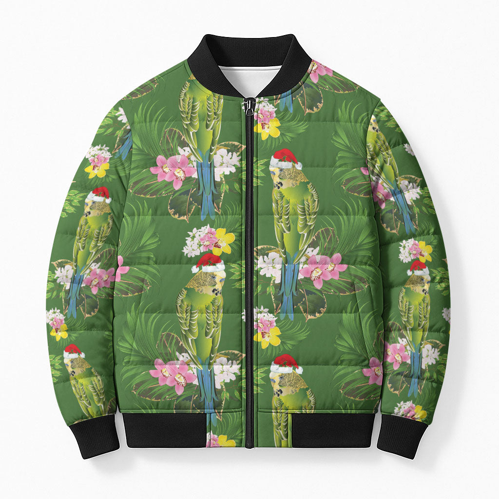 Aussie Santa Budgie Christmas Bomber Puffer Jacket Green Parakeet Tropical Floral