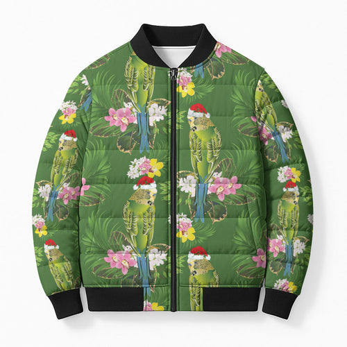 Aussie Santa Budgie Christmas Bomber Puffer Jacket Green Parakeet Tropical Floral