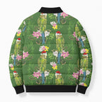 Aussie Santa Budgie Christmas Bomber Puffer Jacket Green Parakeet Tropical Floral