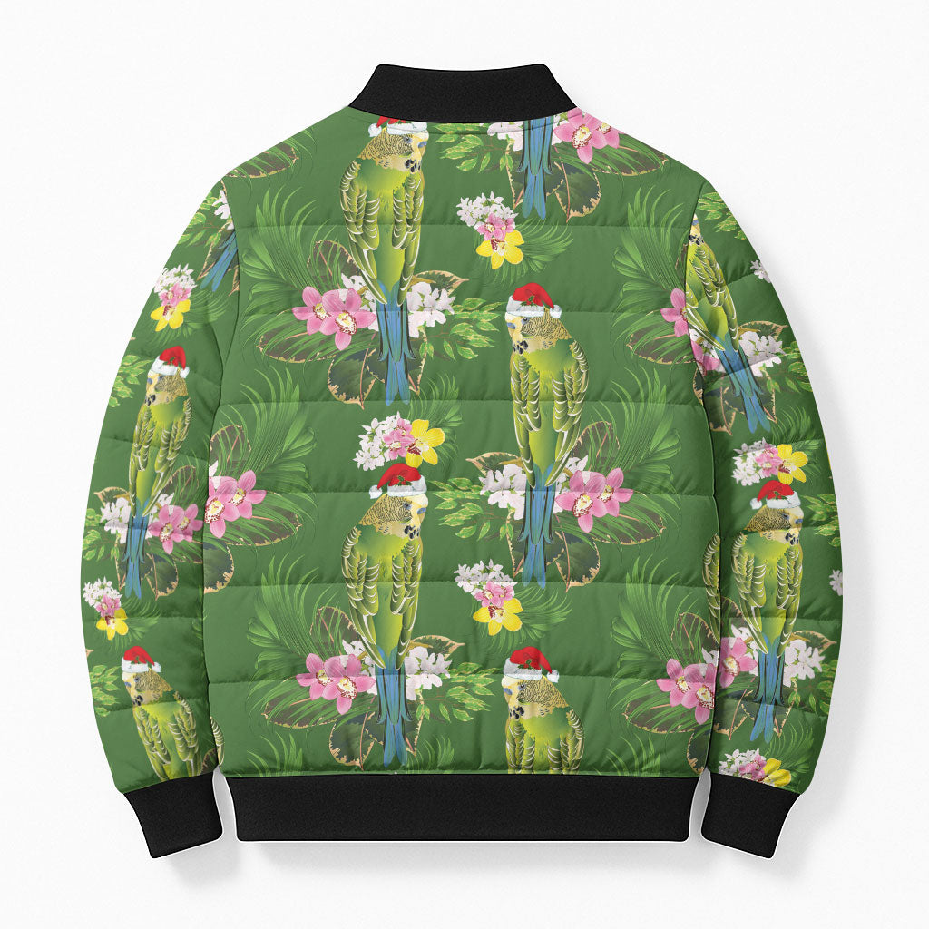 Aussie Santa Budgie Christmas Bomber Puffer Jacket Green Parakeet Tropical Floral