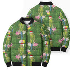Aussie Santa Budgie Christmas Bomber Puffer Jacket Green Parakeet Tropical Floral