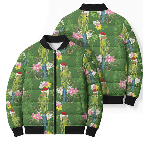 Aussie Santa Budgie Christmas Bomber Puffer Jacket Green Parakeet Tropical Floral
